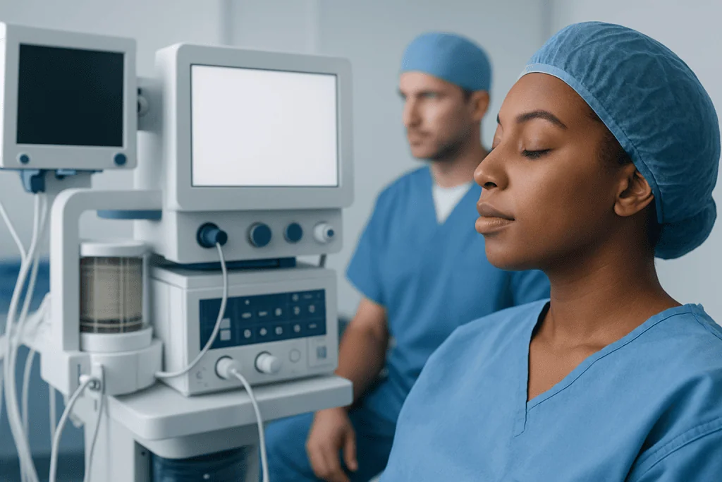 Medical professionals in surgical scrubs and caps in a hospital operating room.