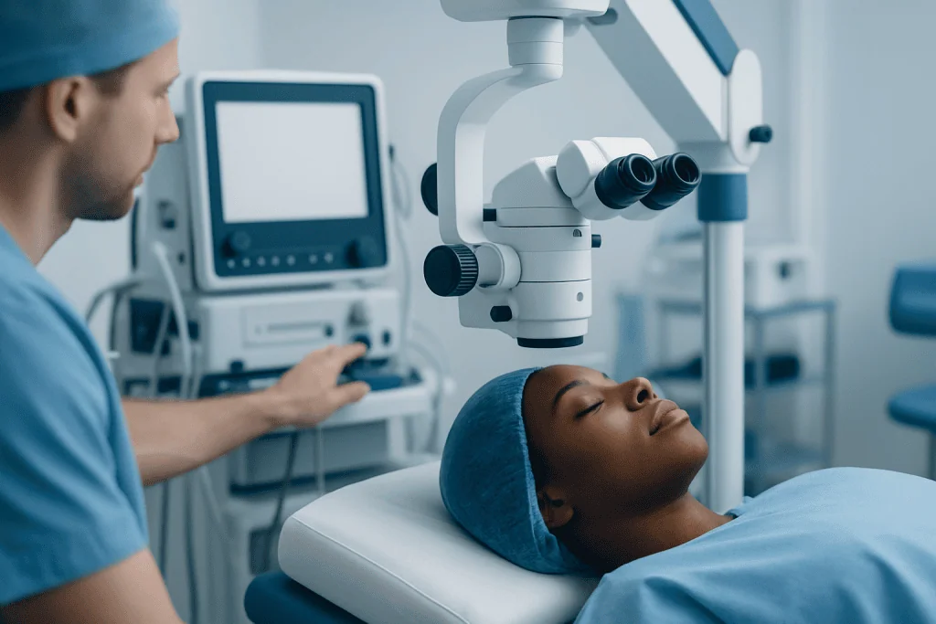 Surgeon performing a nose examination with advanced medical equipment.