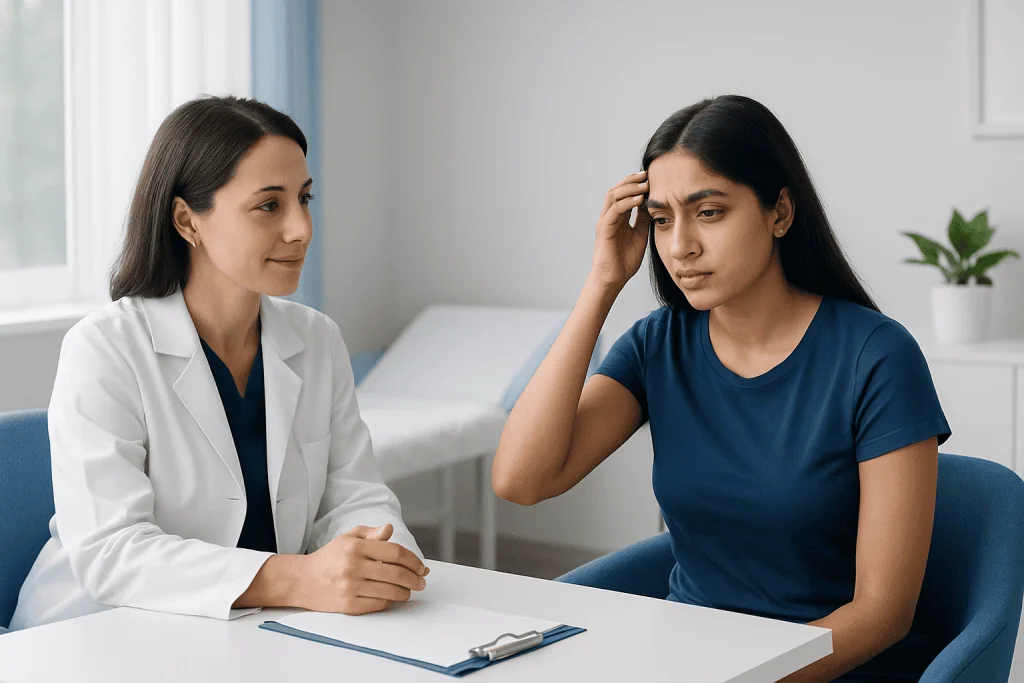 Doctor consulting with a patient about health concerns in a medical office.