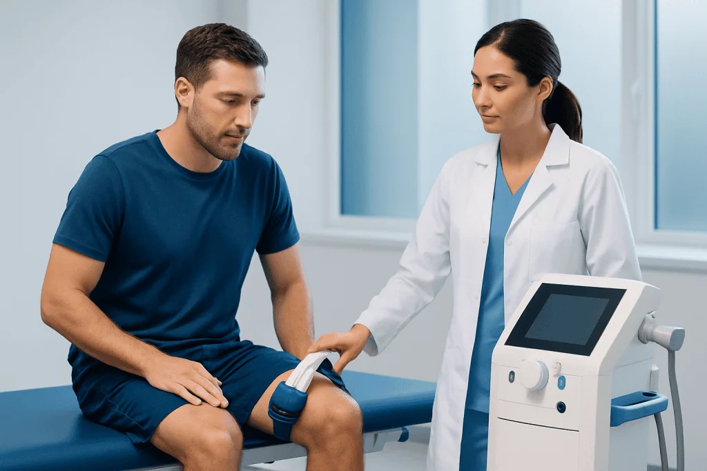 Doctor examining patient's knee with medical equipment in clinic.