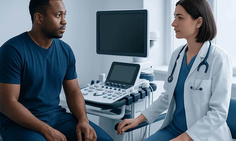 Doctor consulting male patient in medical examination room.