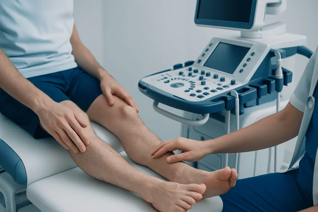 Doctor examining patient's leg with ultrasound machine in hospital.