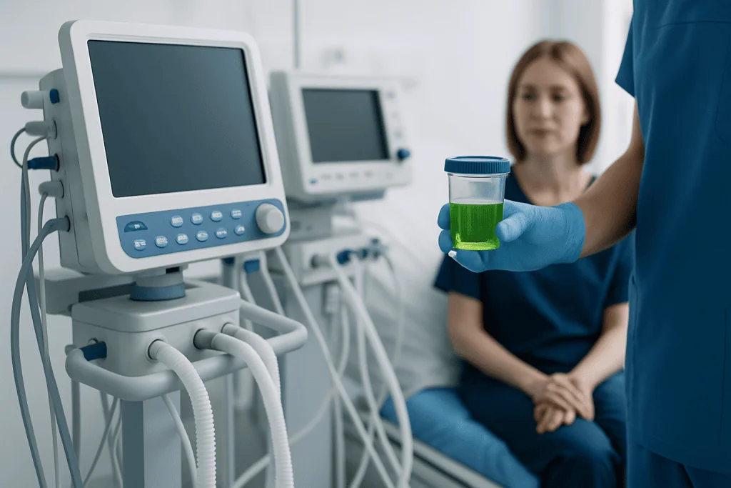 Medical professional holding a urine sample in a hospital setting.