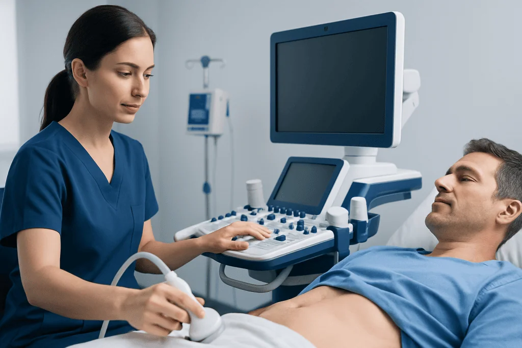 Medical professional performing an ultrasound on a male patient in hospital.
