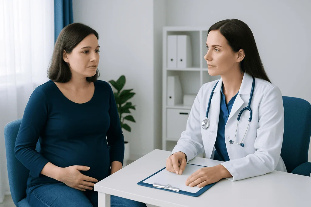Doctor consulting with pregnant woman in a medical office.