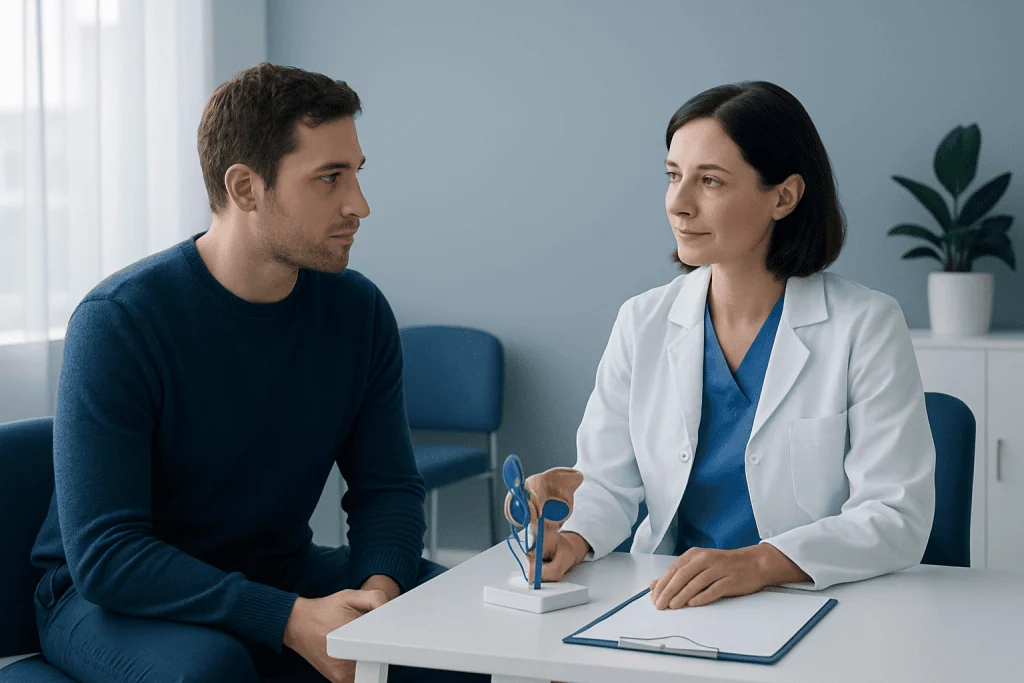 Doctor discussing sperm health with a patient in a medical consultation.
