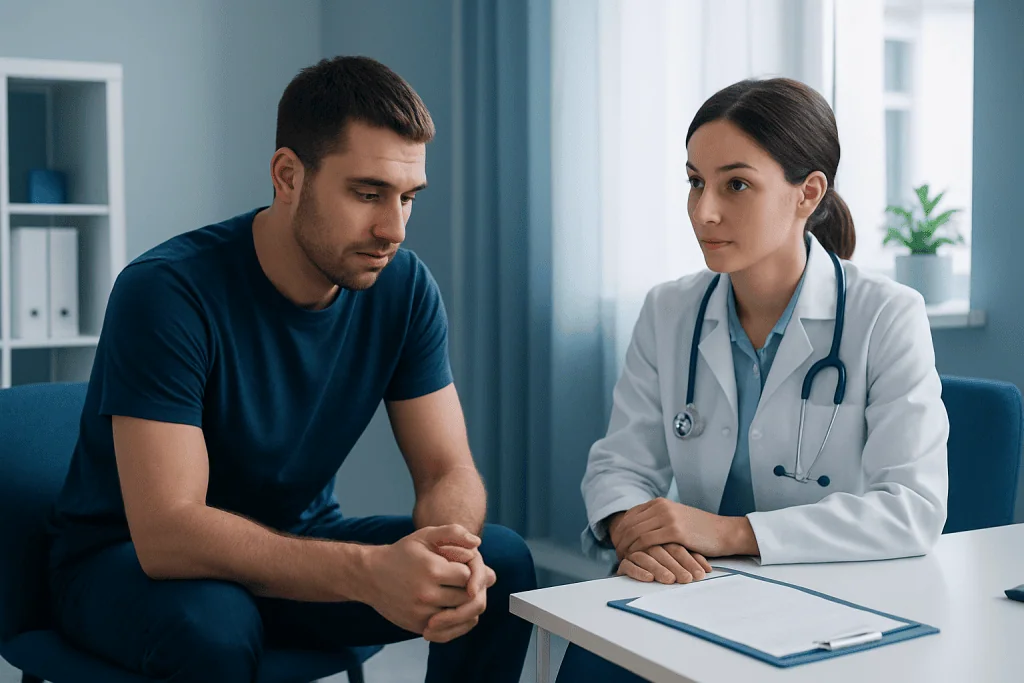 Doctor consulting with male patient in medical office.
