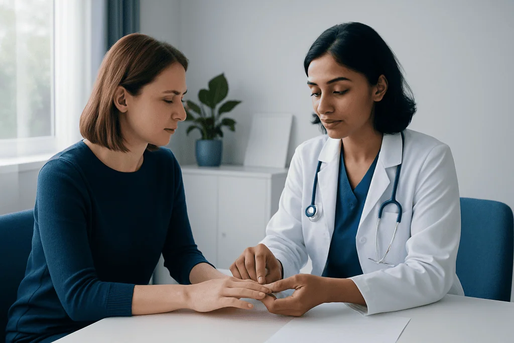 Doctor examining patient's nails in a clinical setting.
