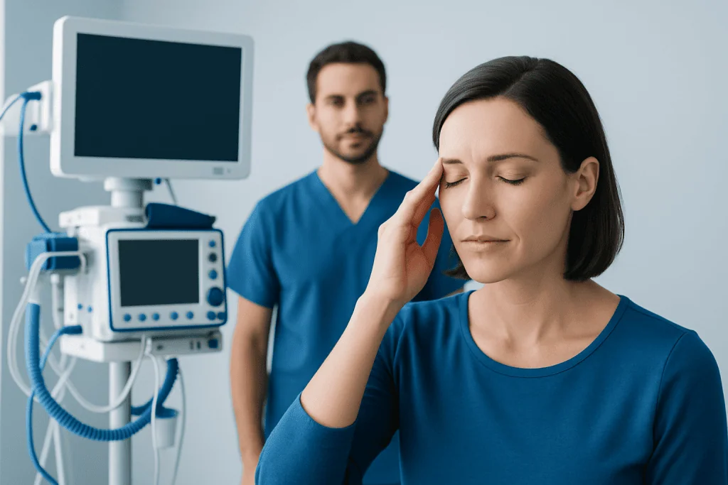 Woman experiencing headache in a medical setting with healthcare professionals nearby.