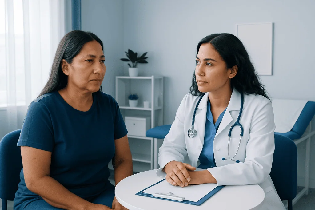 Doctor consulting with a patient in a modern medical office.