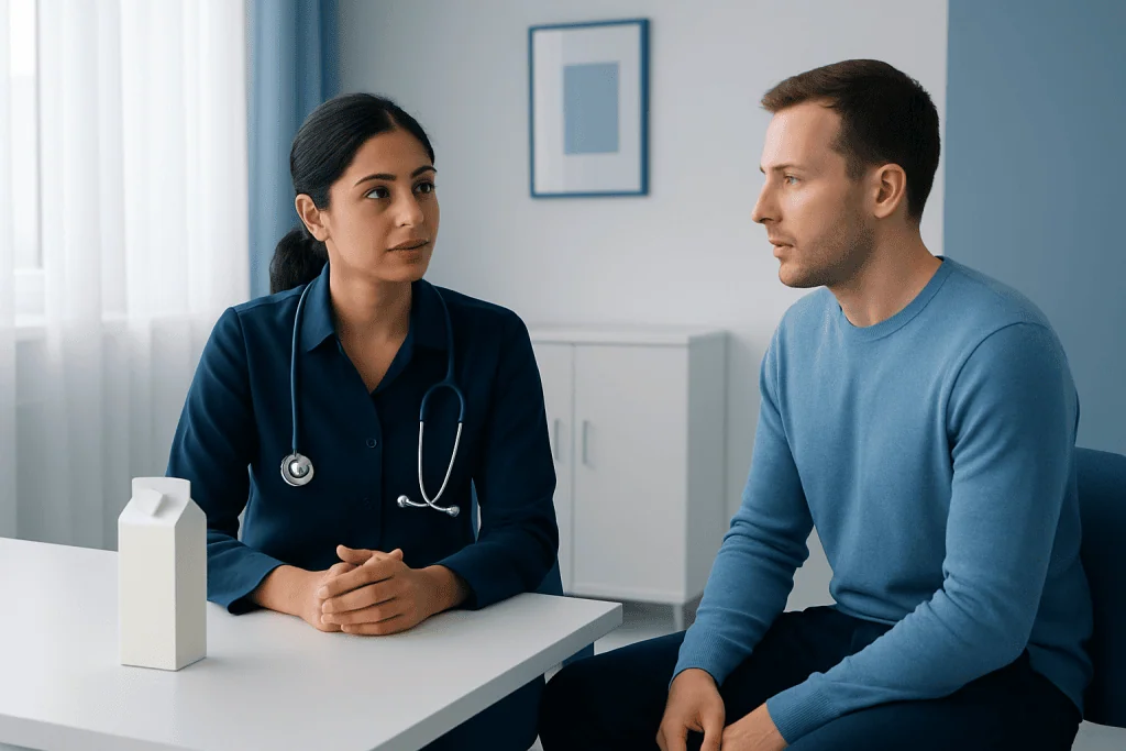 Doctor consulting with a male patient in a medical office.