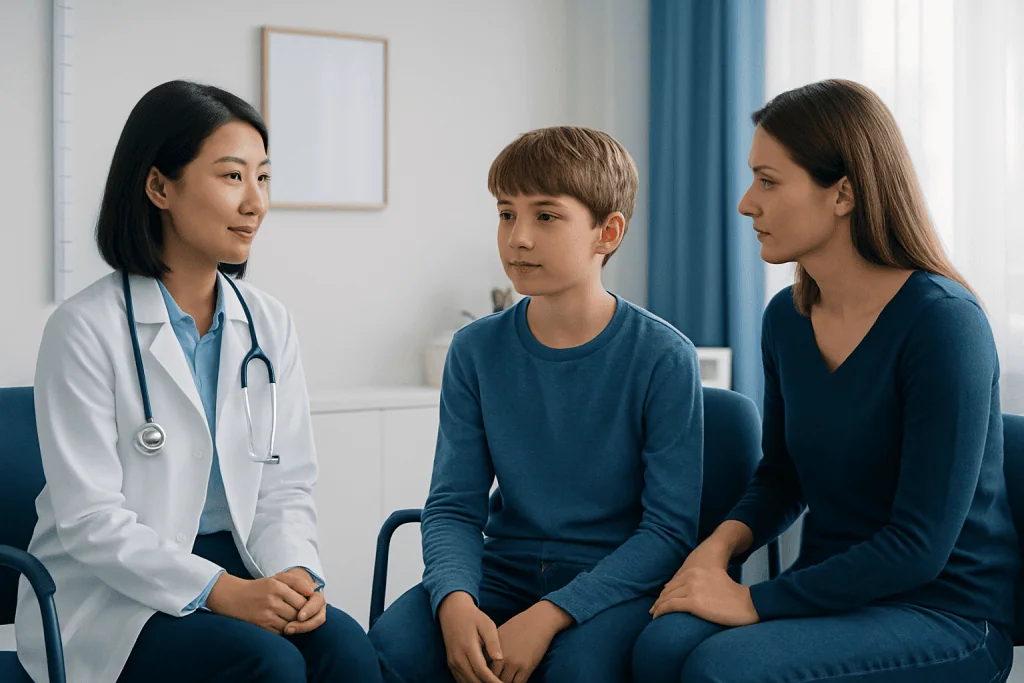 Pediatric consultation at Acibadem Hospital with doctor, mother, and young patient.