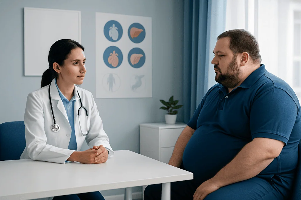 Doctor consulting with an overweight patient in a medical office.