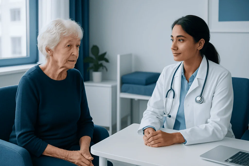 Elderly woman consulting with a doctor in a medical office.