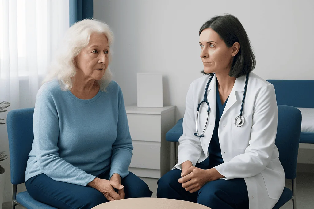 Doctor consulting with elderly woman in a medical office setting.