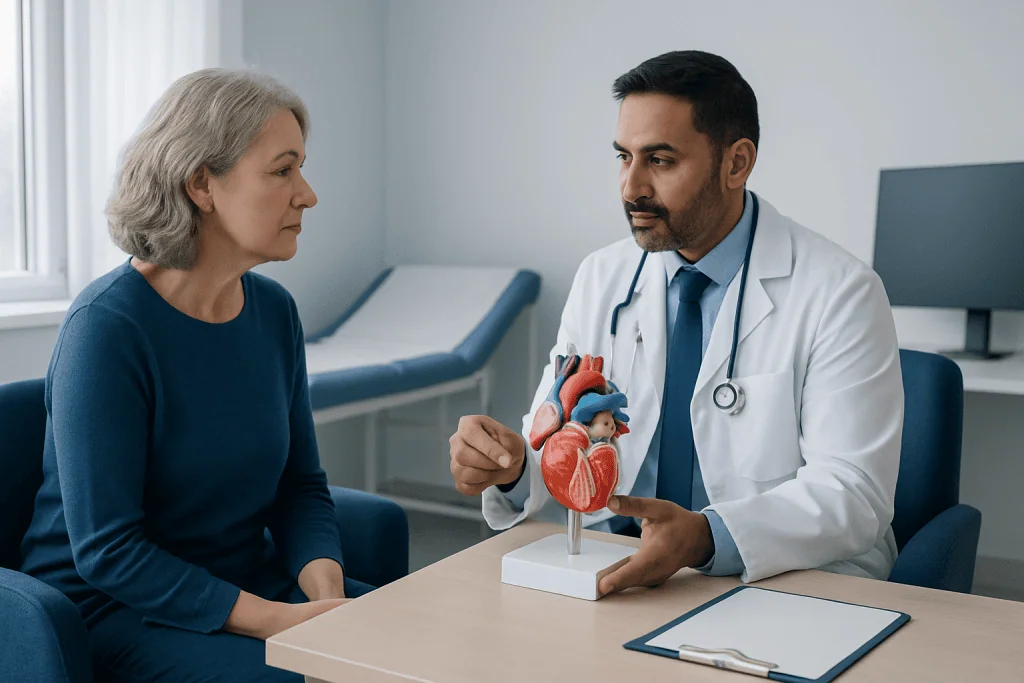 Cardiologist explaining heart valve model to patient in clinic setting.