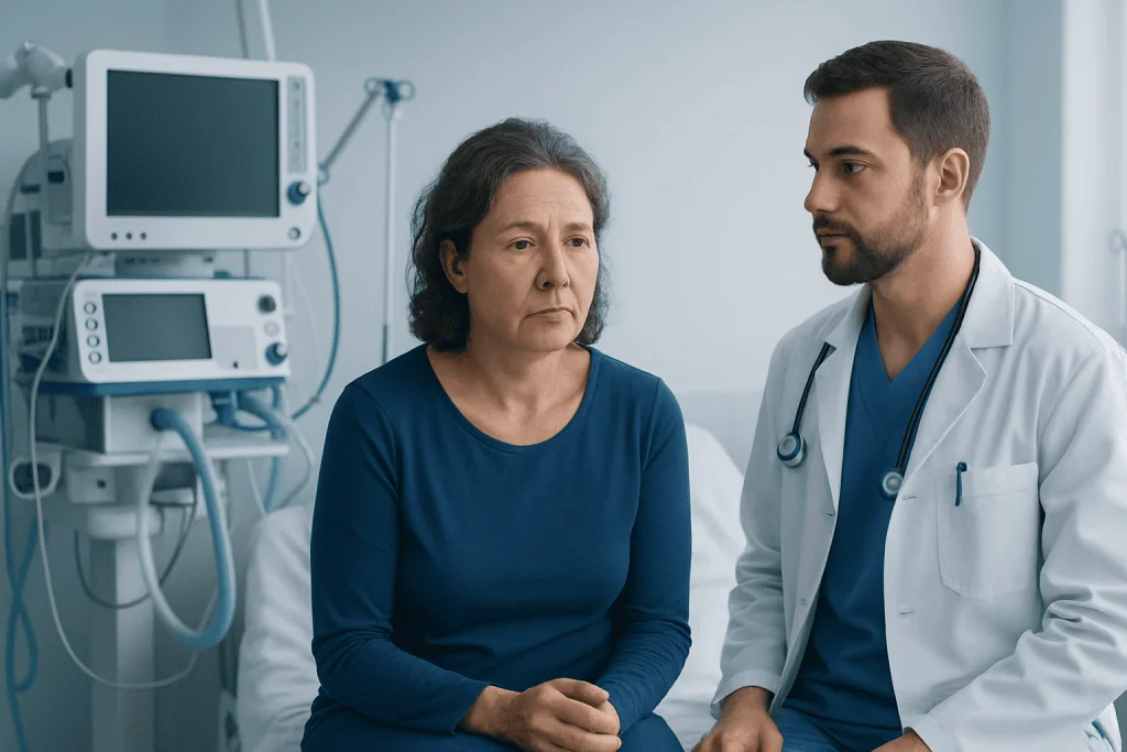 Doctor consulting with a female patient in a hospital room.