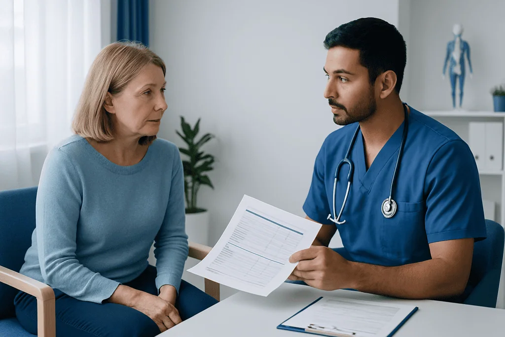 Doctor consulting with a female patient in a hospital setting.