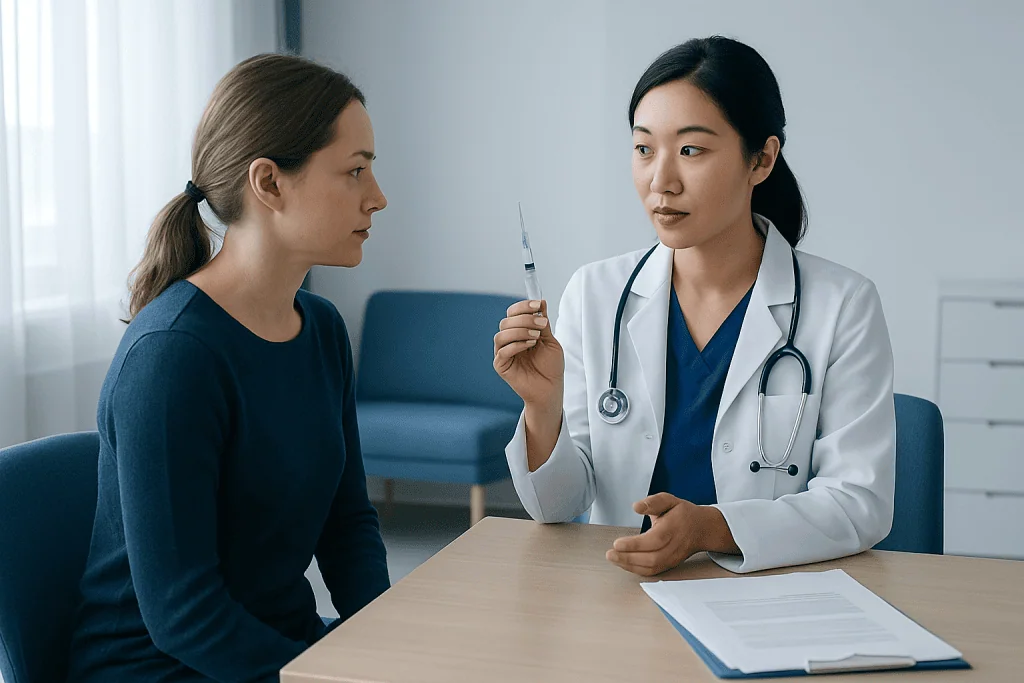 Doctor explaining injection procedure to patient in clinic setting.