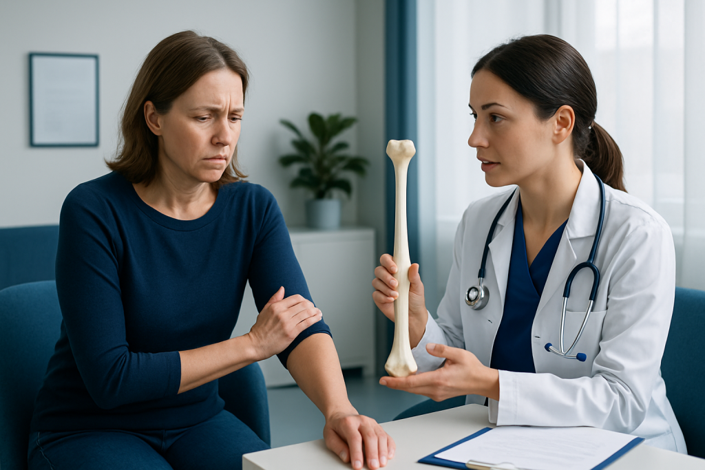 Doctor explaining humerus bone to patient in consultation room.