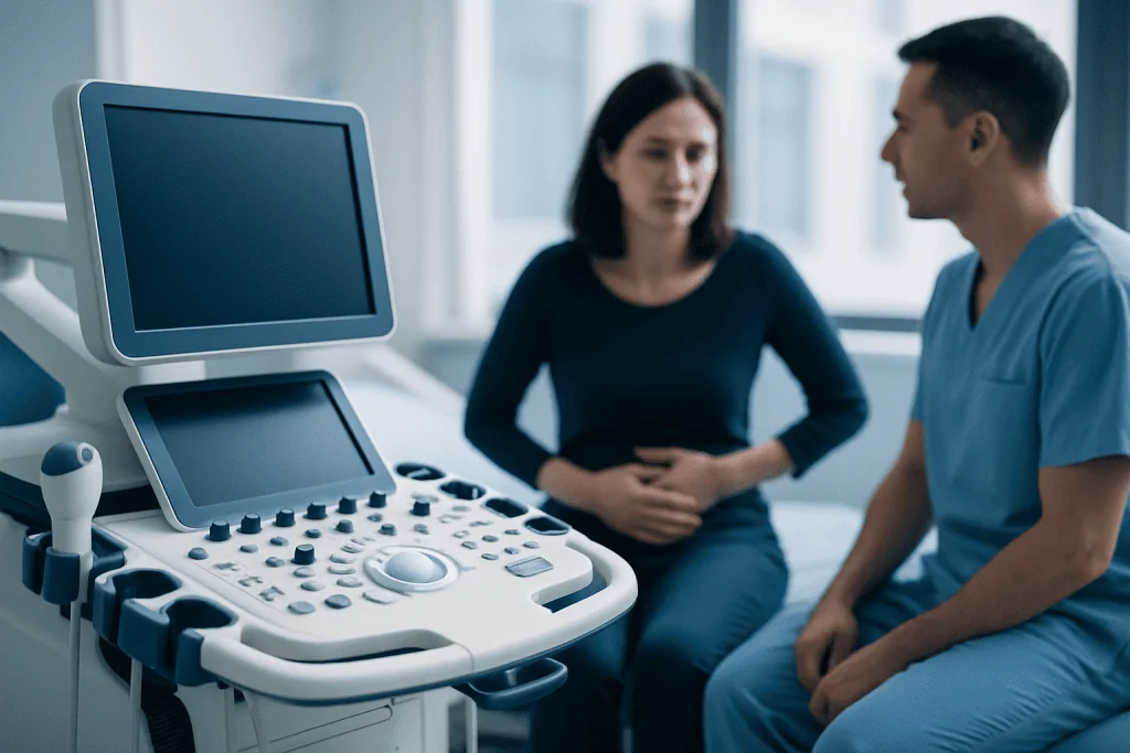 Doctor and patient discussing medical results with ultrasound machine in clinic.