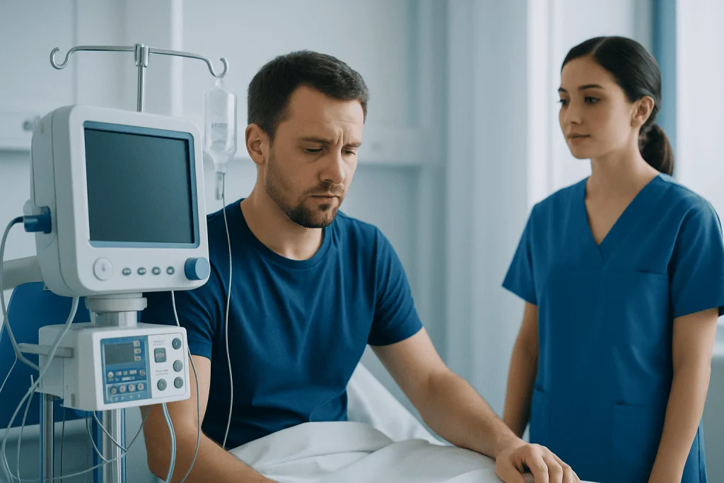 Patient in hospital bed with medical monitor and nurse nearby.