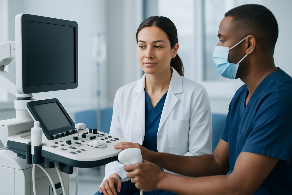 Medical professionals using ultrasound equipment in a hospital setting.