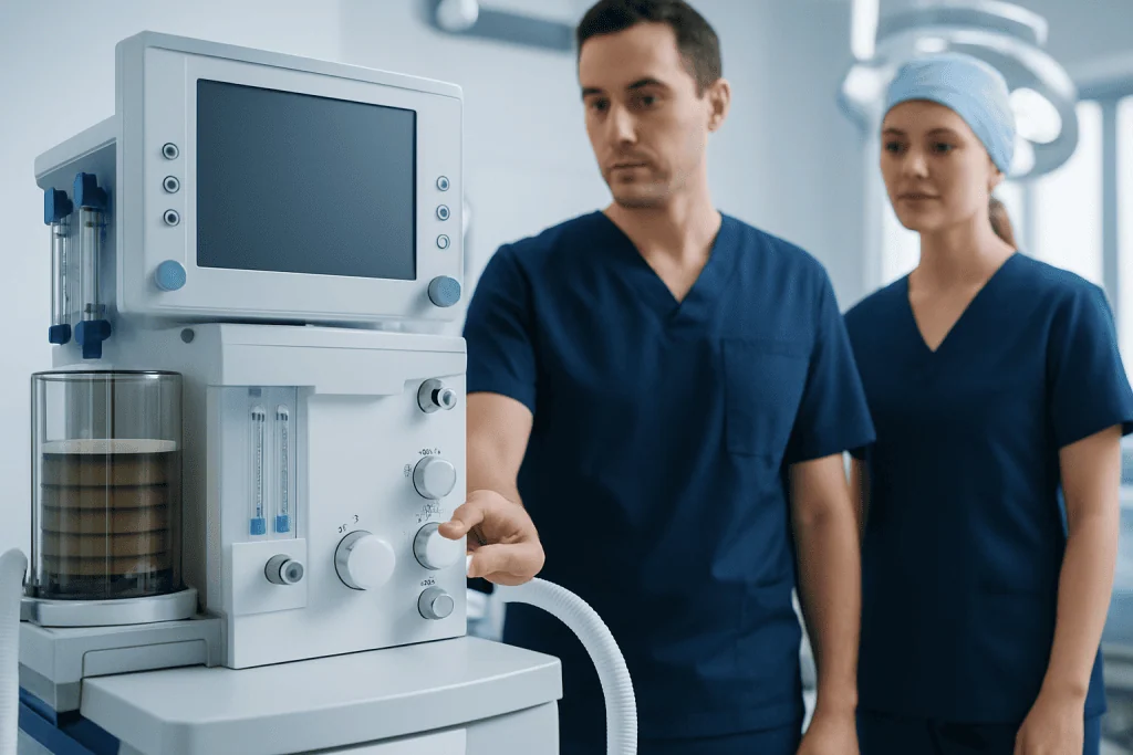 Medical professionals operating ventilator in hospital setting.