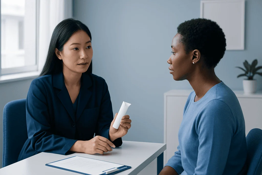 Medical consultation between a doctor and a patient in a clinical setting.