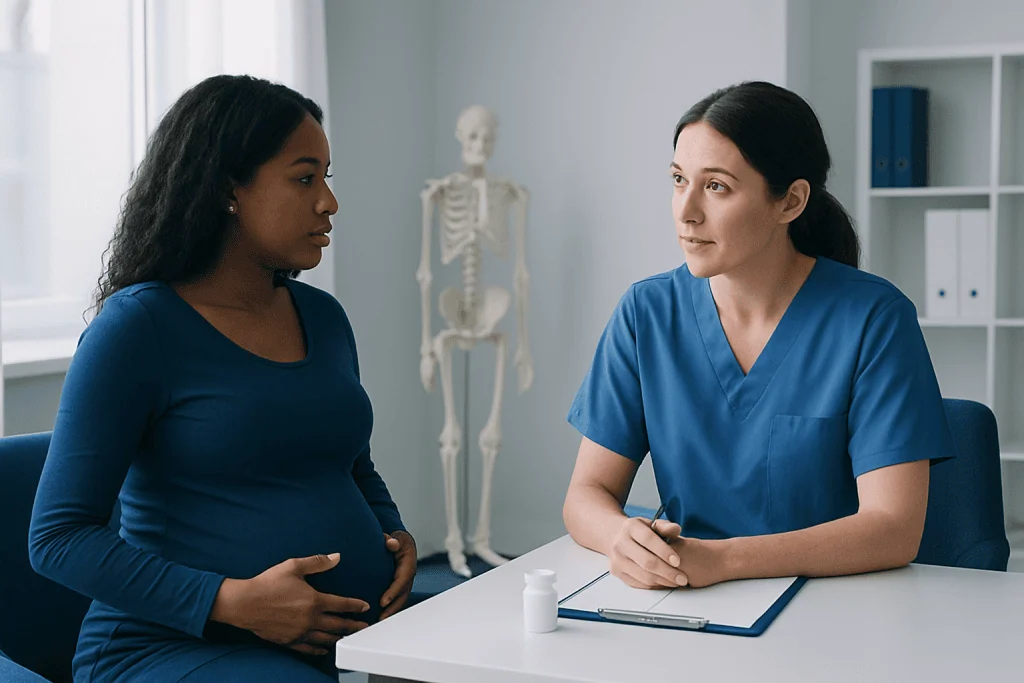 Pregnant woman consulting with a healthcare professional in a medical office.