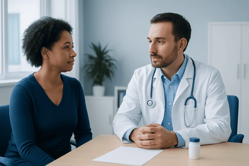 Doctor consulting with a female patient in a medical office setting.