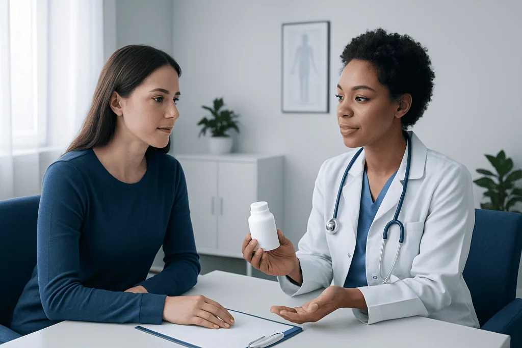 Doctor explaining medication to a patient in a medical consultation.