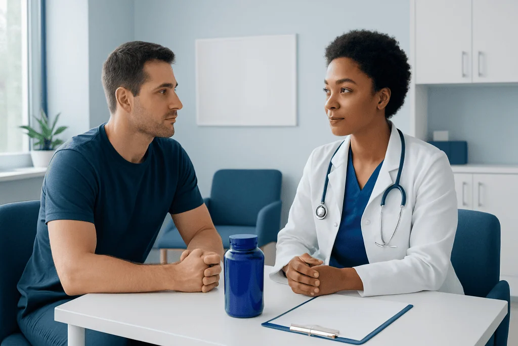 Doctor consulting with a male patient in a medical office setting.