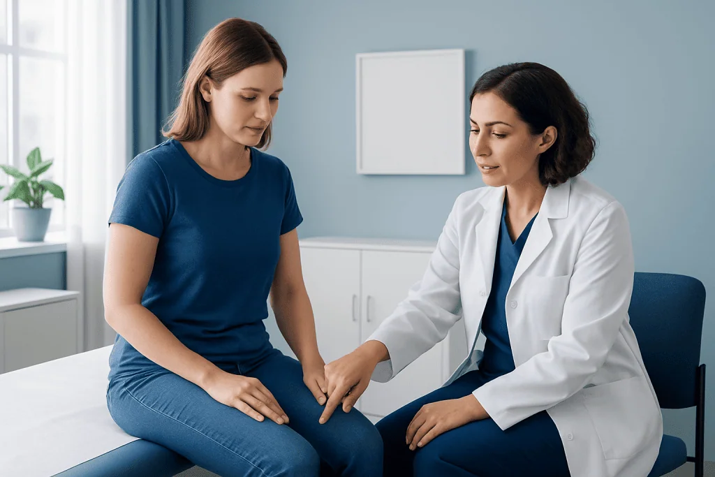 Doctor explaining subcutaneous injection to patient in clinic setting.