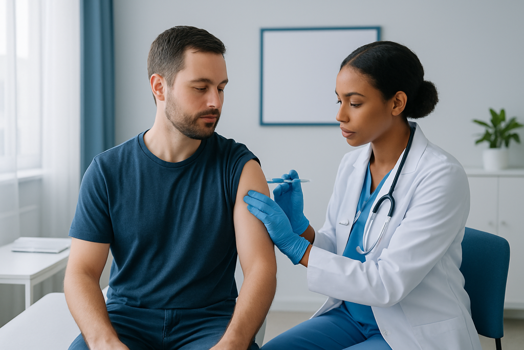 Doctor administering a muscle injection to a male patient in a clinical setting.