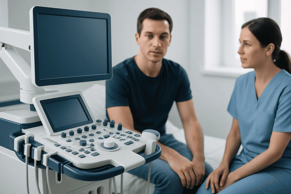 Doctor and patient in a medical consultation room with ultrasound equipment.