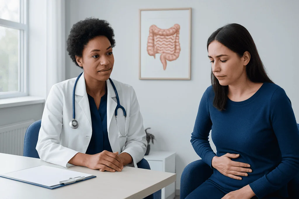 Doctor consulting with a patient about digestive health in a medical office.