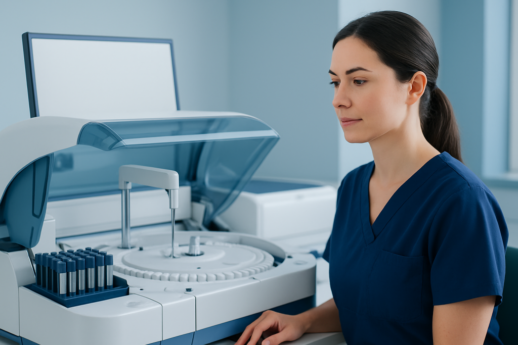 Laboratory technician operating blood testing equipment at hospital.