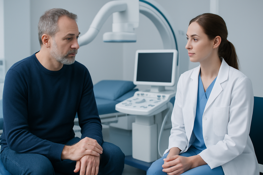 Doctor consulting with patient in a medical examination room.