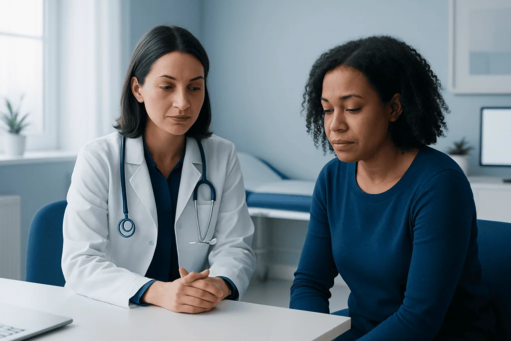 Doctor consulting a patient in a modern hospital room.