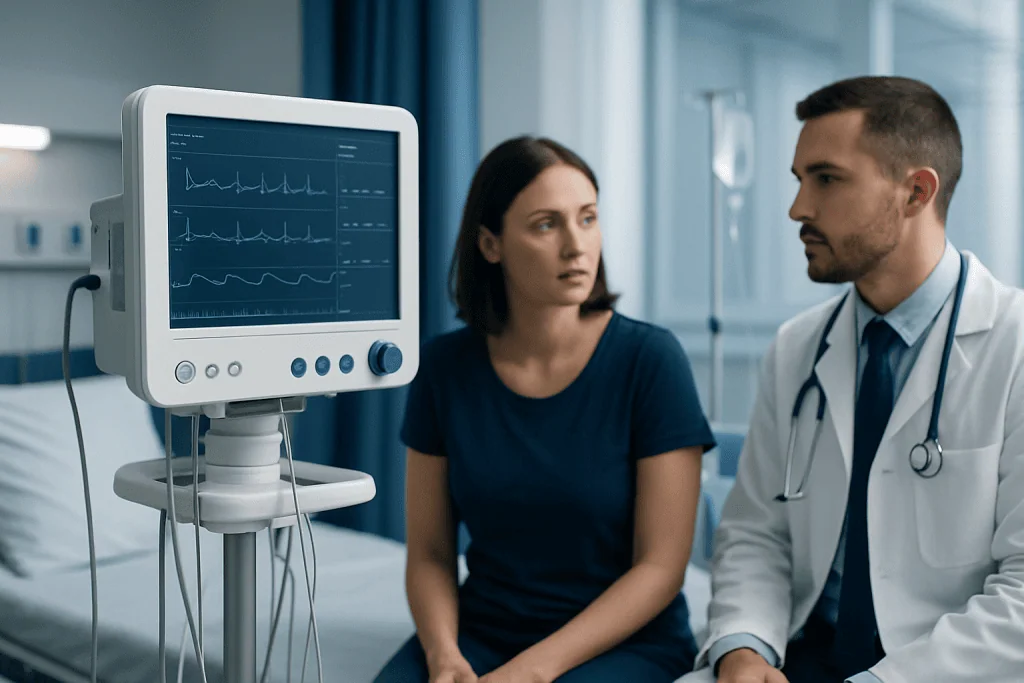 Doctor and patient discussing heart monitor readings in hospital.