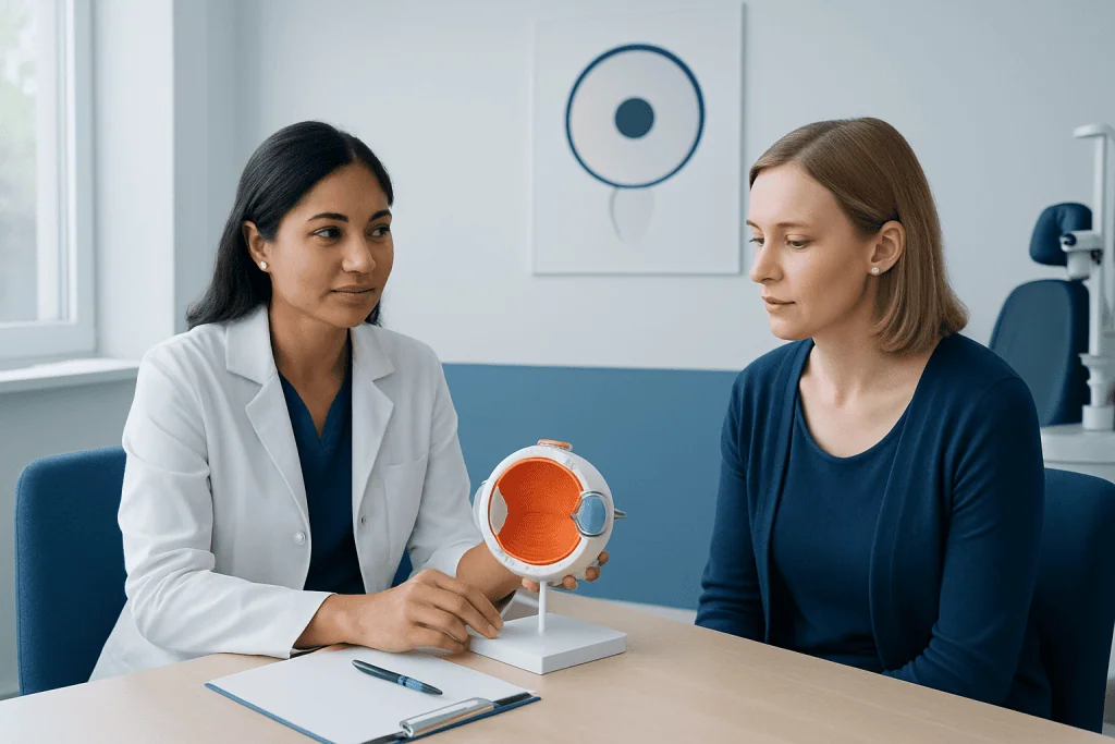 Doctor explaining eye anatomy to patient with eye model in clinic.