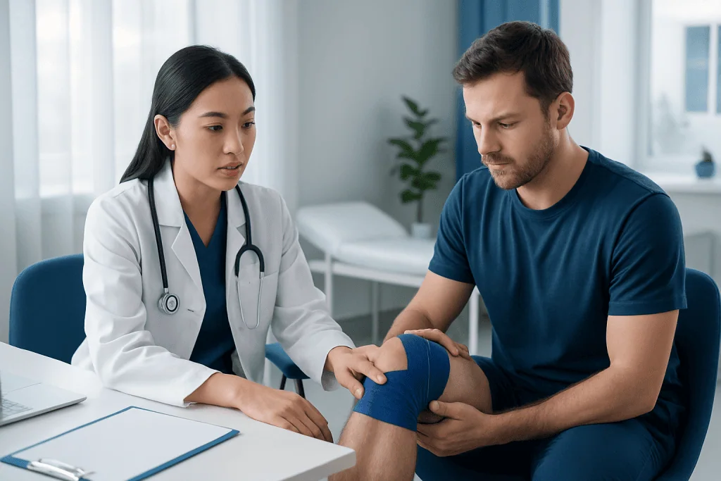 Doctor examining patient's knee in a medical consultation room.