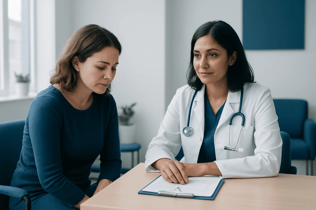 Doctor consulting with a female patient in a modern clinic setting.