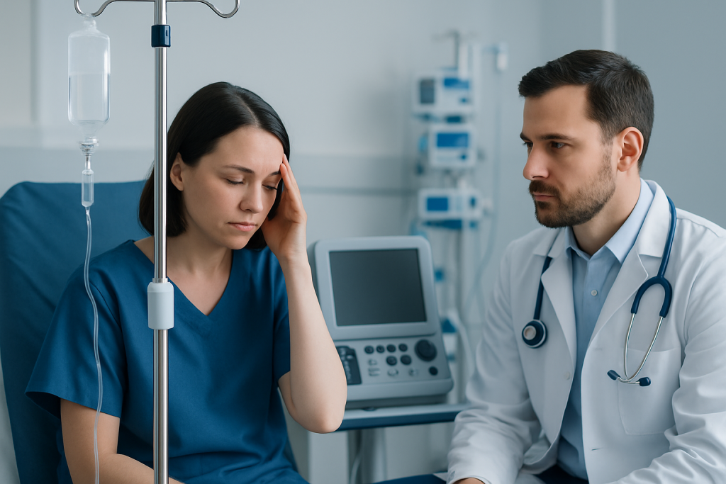 Patient experiencing headache during medical consultation at Acibadem Hospital.