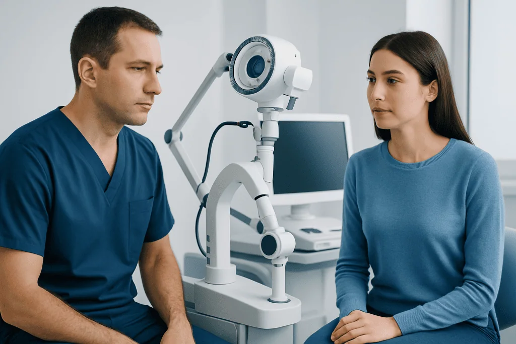 Medical consultation with eye examination equipment at Acibadem Hospitals.