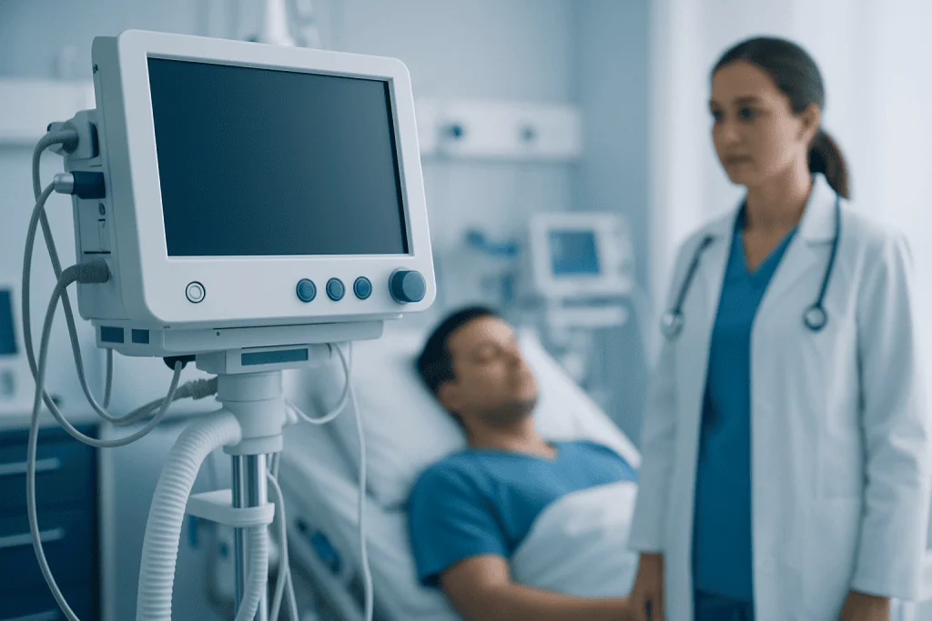 Doctor and patient in hospital room with medical monitor equipment.