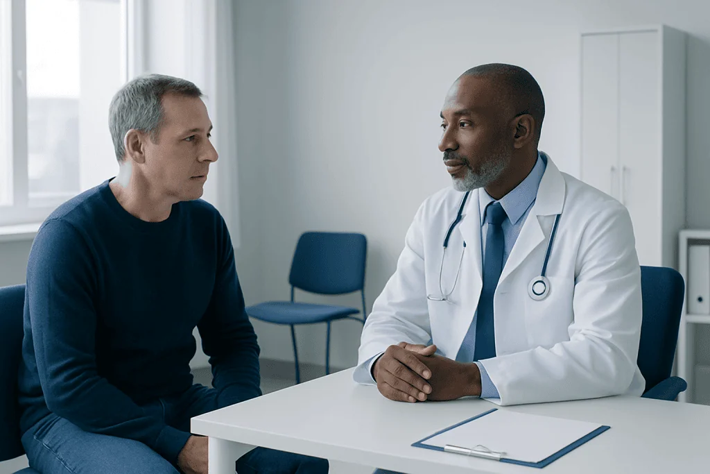 Doctor consulting with patient in a medical office setting.