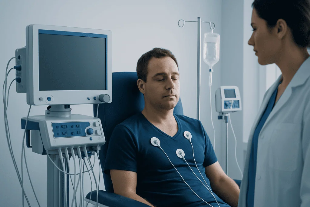 Patient in hospital bed connected to monitoring equipment and IV drip.