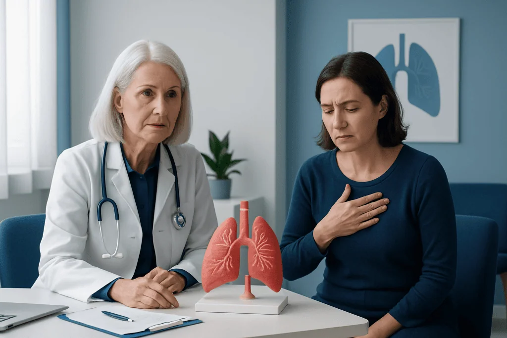 Doctor explaining lung health to a patient with a lung model.